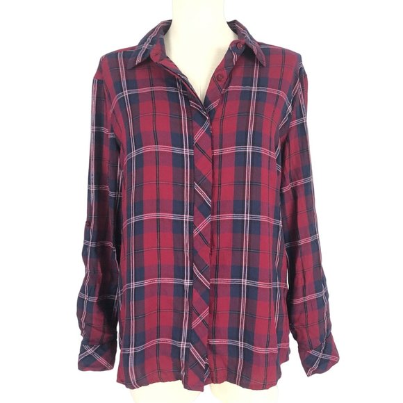 KUT FROM THE KLOTH Plaid Button Front Shirt Women's Size Small Red Blue Collared - Picture 1 of 10
